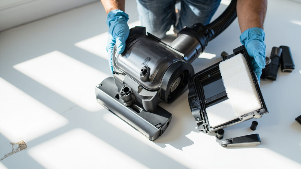 Hands removing a worn HEPA filter from a vacuum cleaner filter compartment during routine maintenance