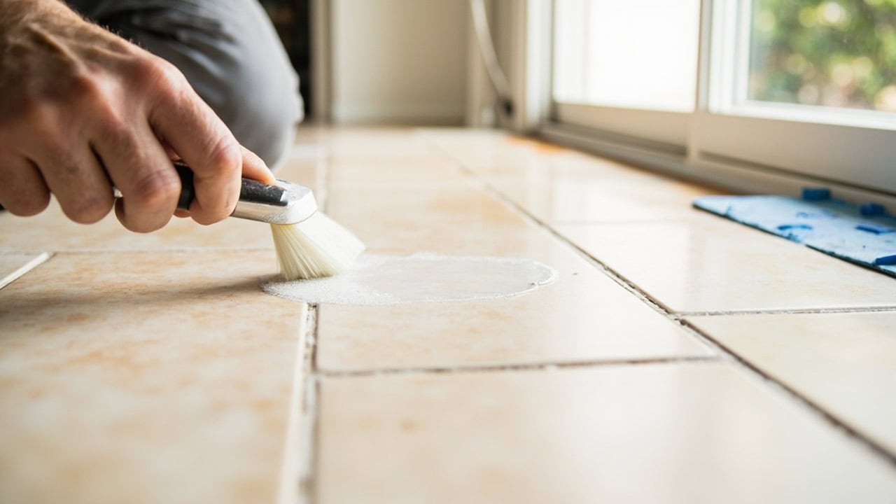 Professional applying penetrating grout sealer to ceramic tile floor with foam brush