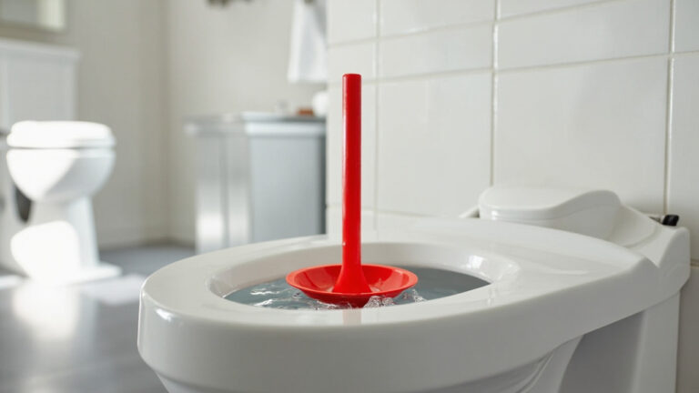 Red rubber toilet plunger in a white porcelain toilet bowl, bathroom floor visible around the base