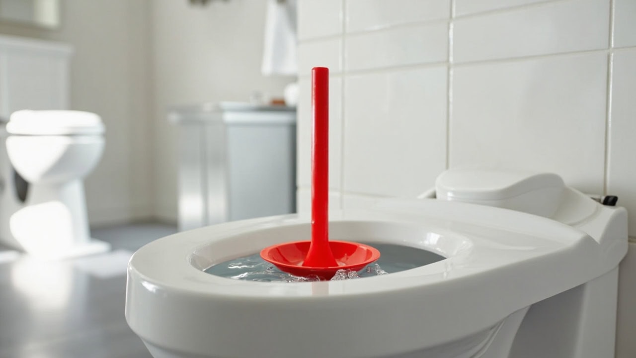 Red rubber toilet plunger in a white porcelain toilet bowl, bathroom floor visible around the base