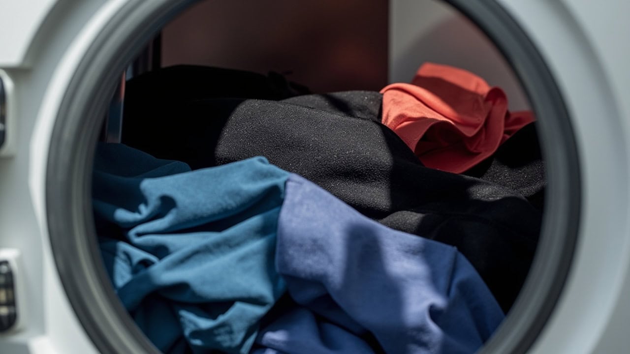 Colorful athletic wear including moisture-wicking shirts and leggings inside a washing machine drum