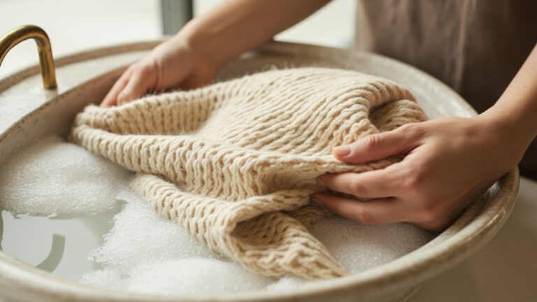 Hands gently lowering a soft cashmere sweater into cool water in a ceramic basin for hand washing
