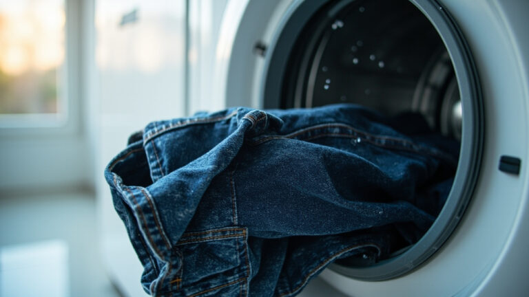"Inside-out dark indigo denim jeans in a front-loading washing machine with cold water"
