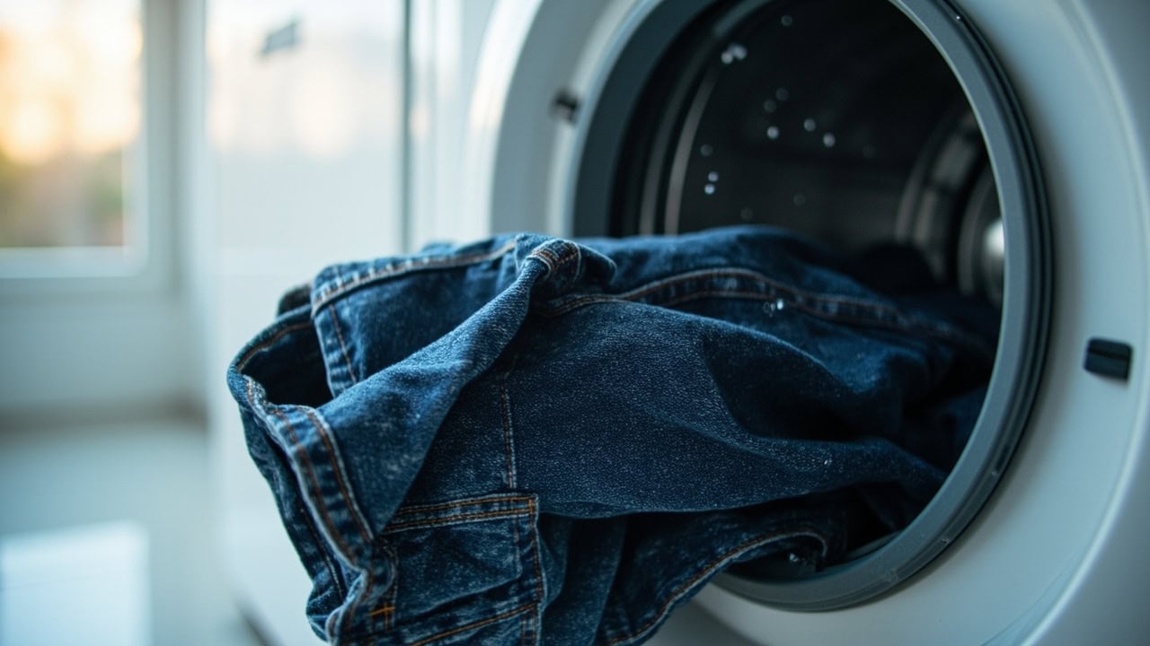 "Inside-out dark indigo denim jeans in a front-loading washing machine with cold water"