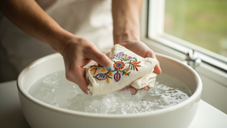 "Hands gently hand-washing colorful embroidered cotton fabric in cold soapy water to protect thread integrity"