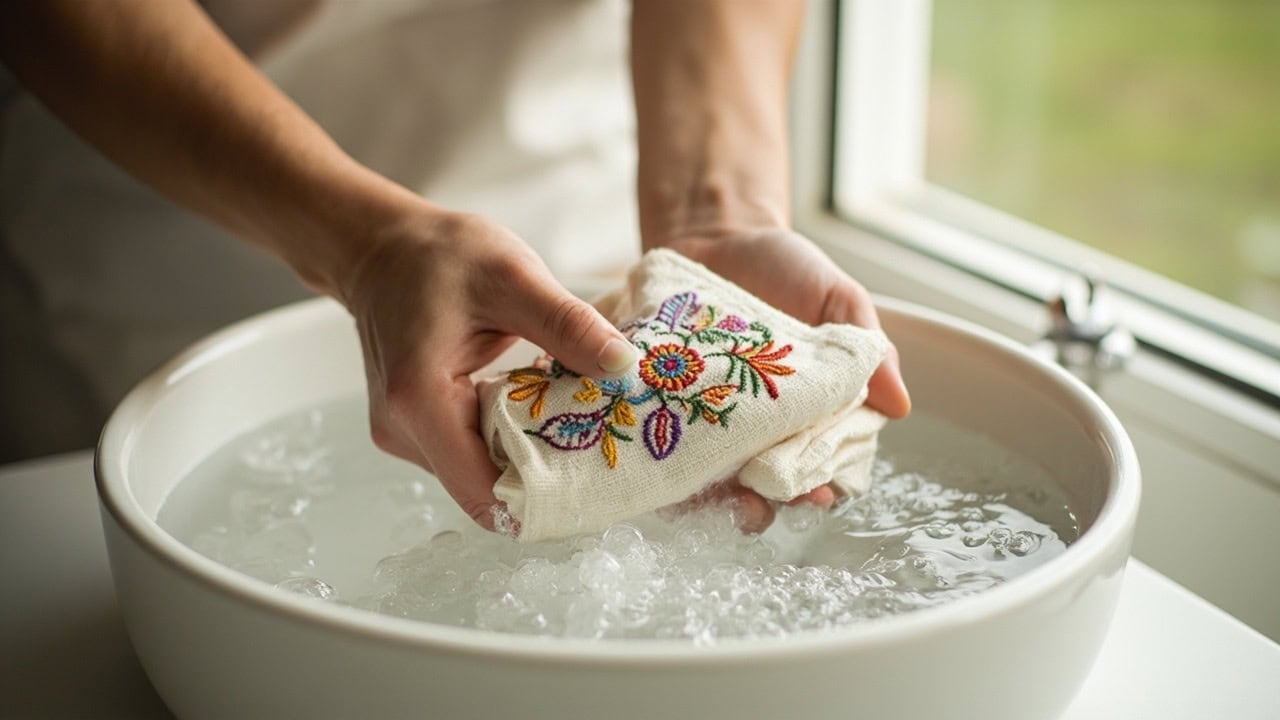 "Hands gently hand-washing colorful embroidered cotton fabric in cold soapy water to protect thread integrity"