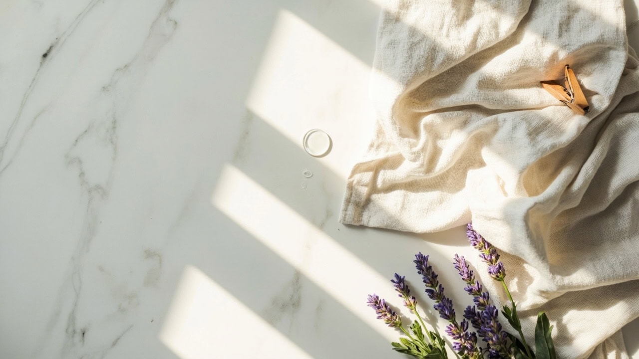 Freshly washed linen textiles with natural texture on marble surface with soft natural lighting