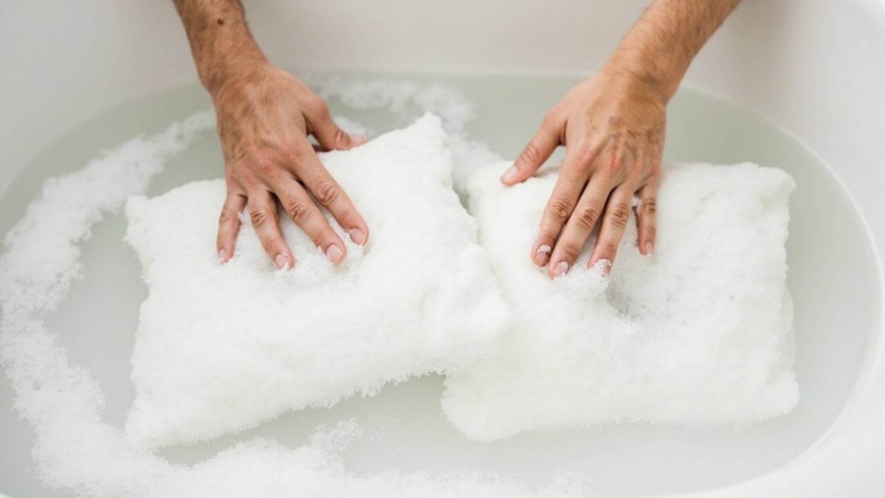 "Hands gently hand-washing a white memory foam pillow in a sink with lukewarm soapy water"