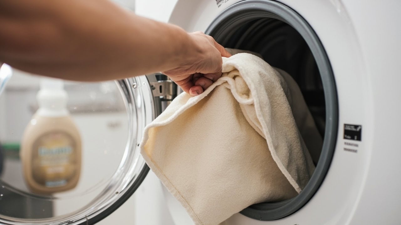 Microfiber couch cover loaded into washing machine on gentle cycle with cold water settings