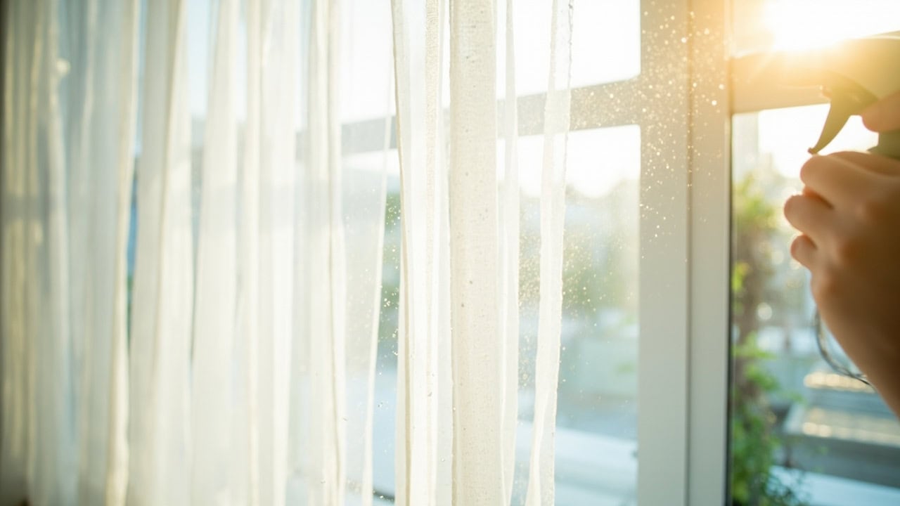 "Delicate white sheer curtains being gently hand-washed in a sink with clean water"