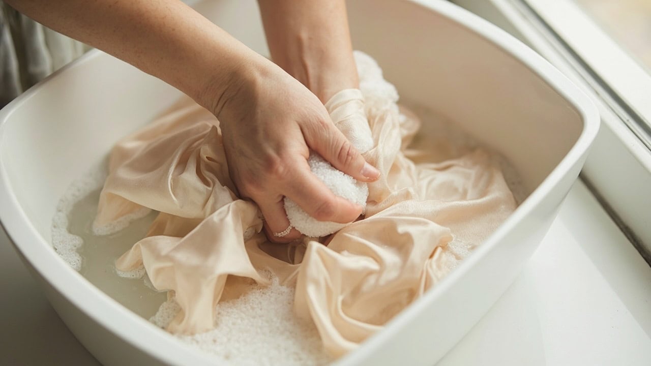 "Hands gently hand-washing a champagne silk blouse in cold water with visible suds"