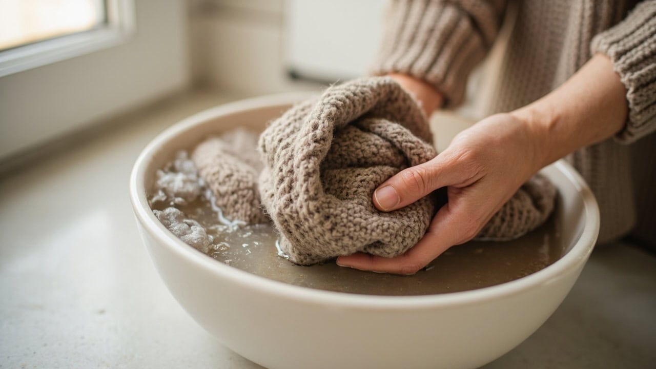 "Hands gently washing wool sweater in cool water showing proper hand wash technique"