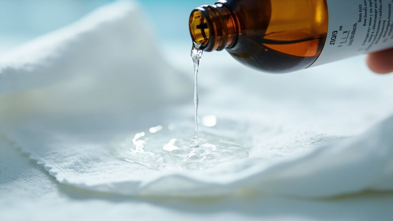 "70% isopropyl alcohol being dispensed onto microfiber cloth for surface cleaning"