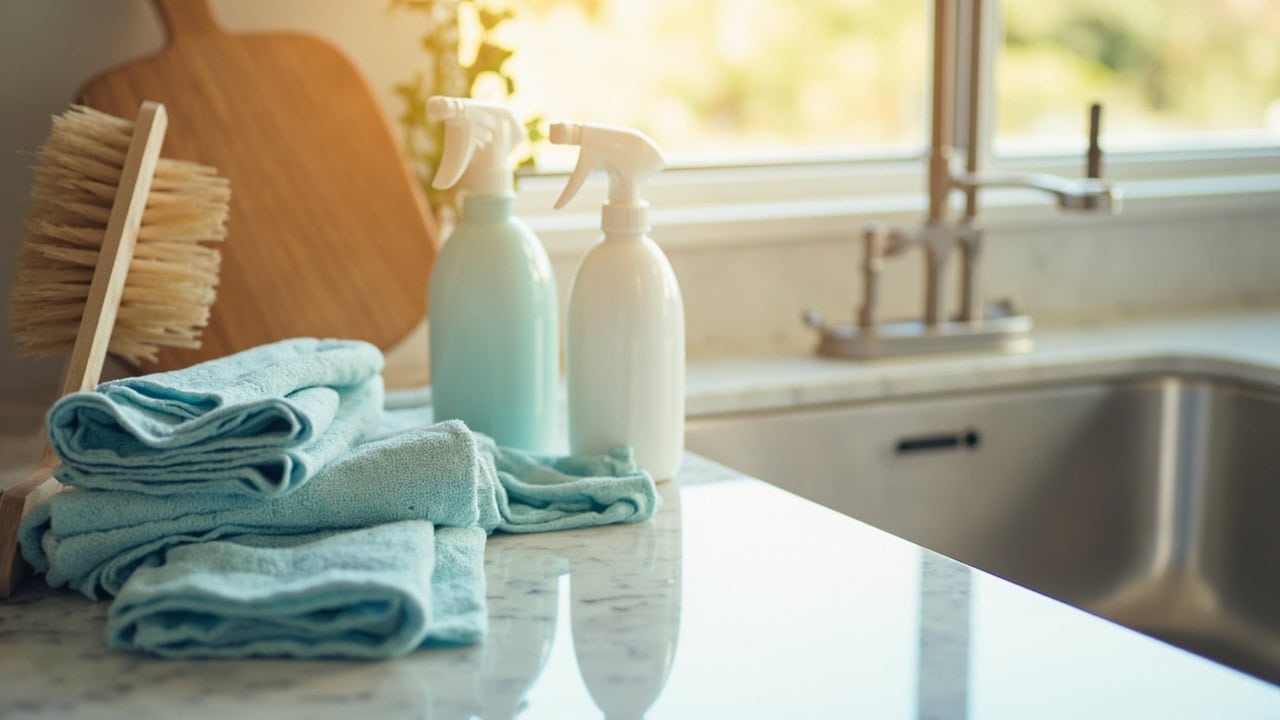 Organized kitchen counter with cleaning supplies beside a spotless stainless steel sink in a sunlit modern kitchen