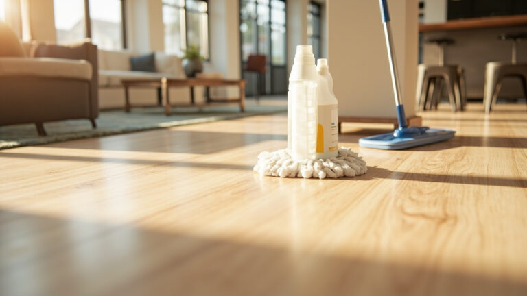 Modern living space featuring clean laminate and vinyl flooring with microfiber cleaning mop and pH-neutral floor cleaner