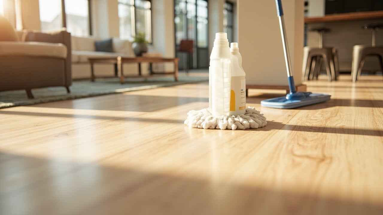 Modern living space featuring clean laminate and vinyl flooring with microfiber cleaning mop and pH-neutral floor cleaner