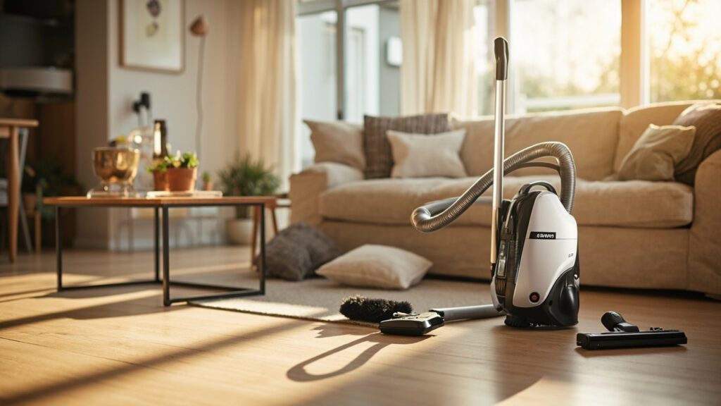 Miele canister vacuum cleaner on hardwood floor with cleaning accessories for troubleshooting context