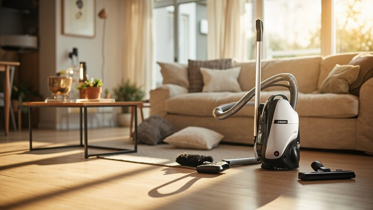 Miele canister vacuum cleaner on hardwood floor with cleaning accessories for troubleshooting context