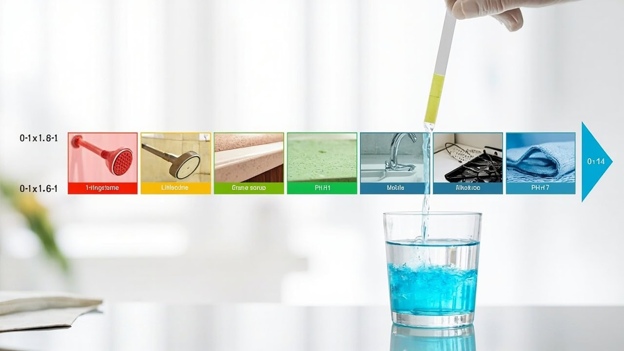 pH scale diagram showing acidic alkaline and neutral ranges with cleaning product examples for each level