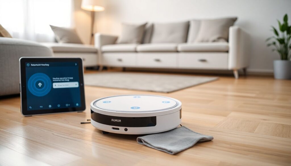 Roborock S7 robot vacuum on hardwood floor with error alert displayed on tablet screen