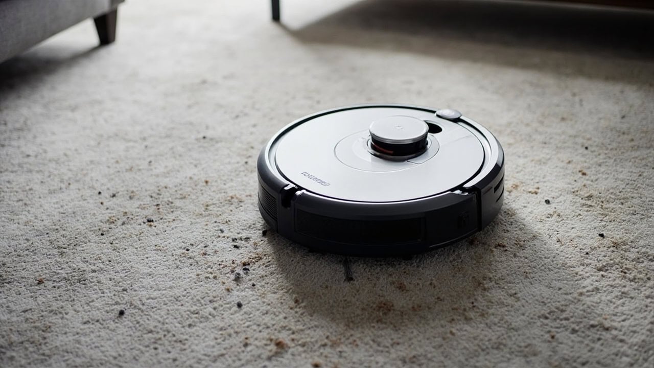 Roomba 900 series robot vacuum on carpet with visible debris for troubleshooting context