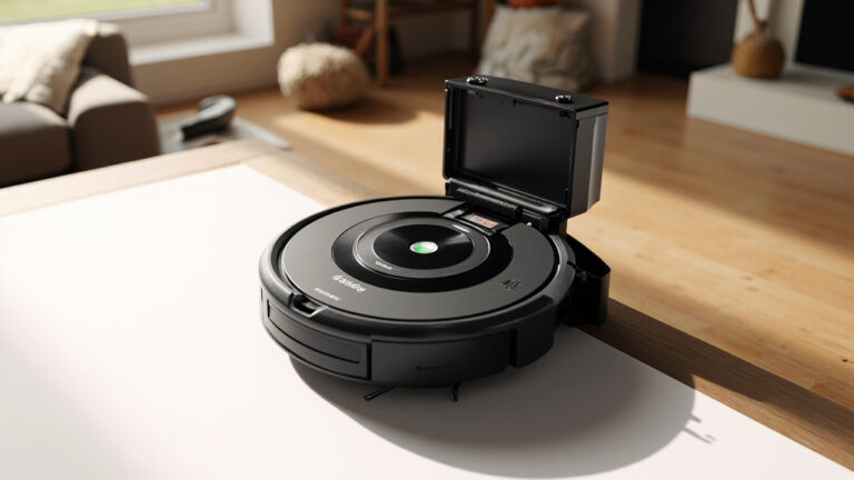 Roomba i7 robot vacuum with dust bin open showing internal components on hardwood floor