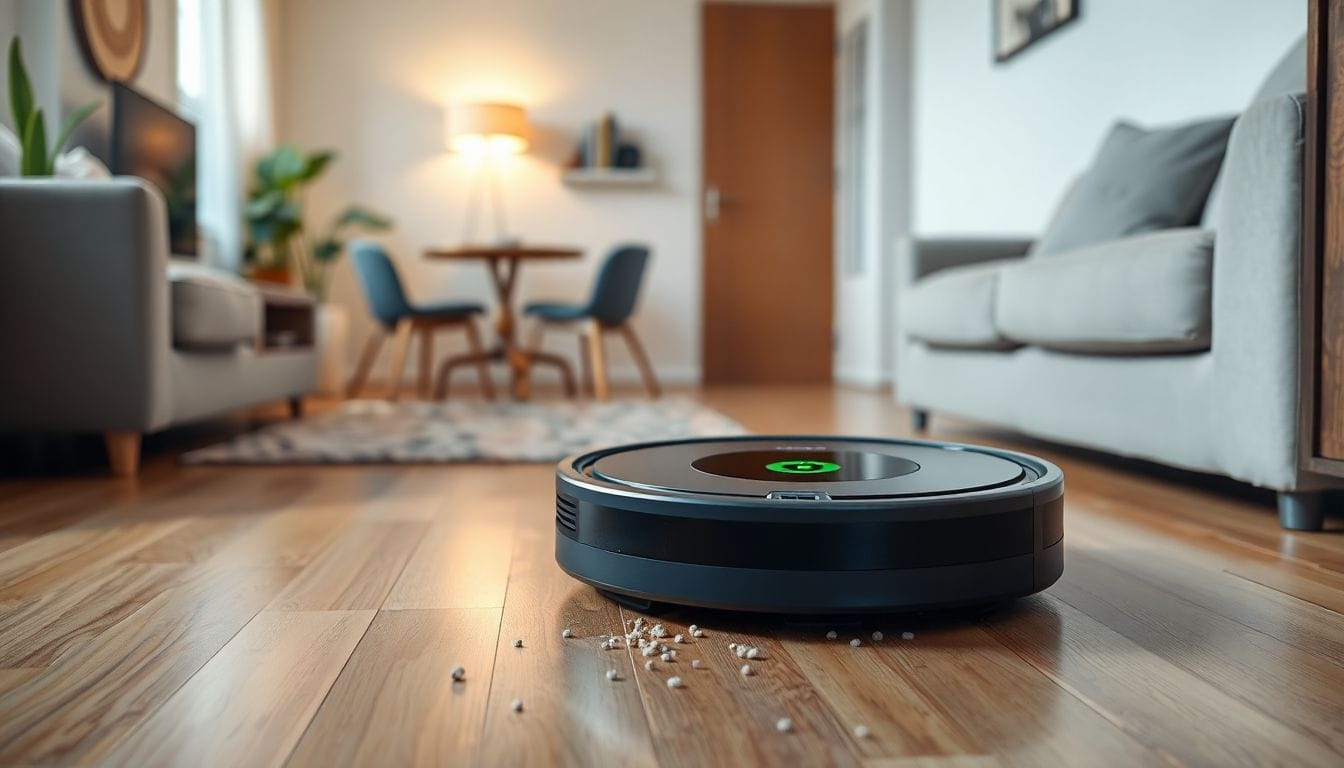 Roomba j series robot vacuum cleaner displaying clean status on its illuminated top panel in a modern home setting