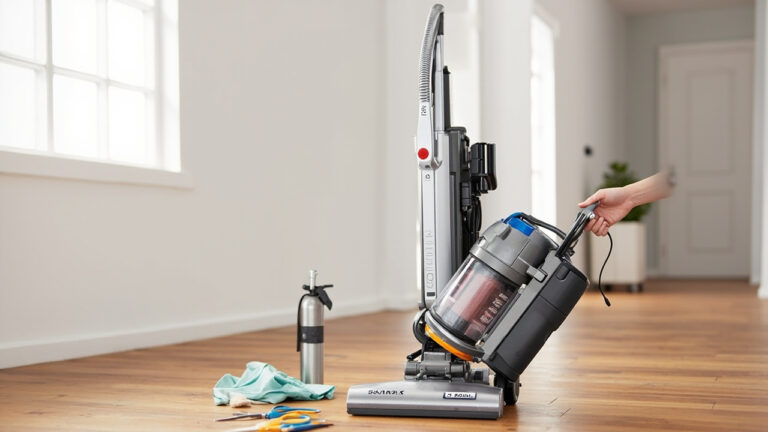 "Shark APEX vacuum with open filter compartment and cleaning tools on hardwood floor"