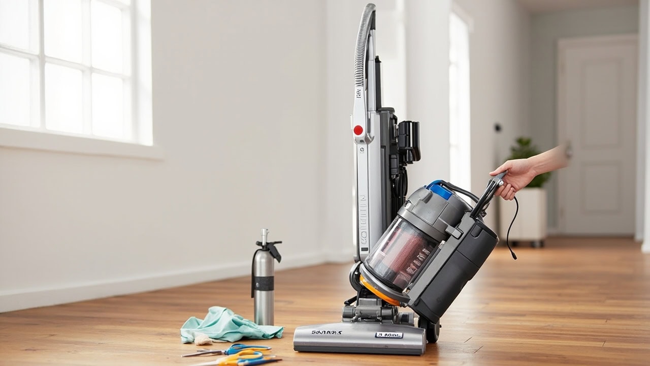 "Shark APEX vacuum with open filter compartment and cleaning tools on hardwood floor"