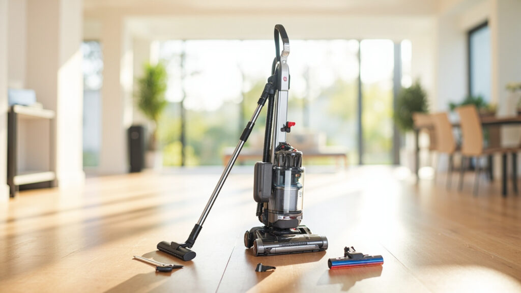 Shark Navigator upright vacuum cleaner with dust bin open and cleaning attachments arranged nearby on hardwood floor