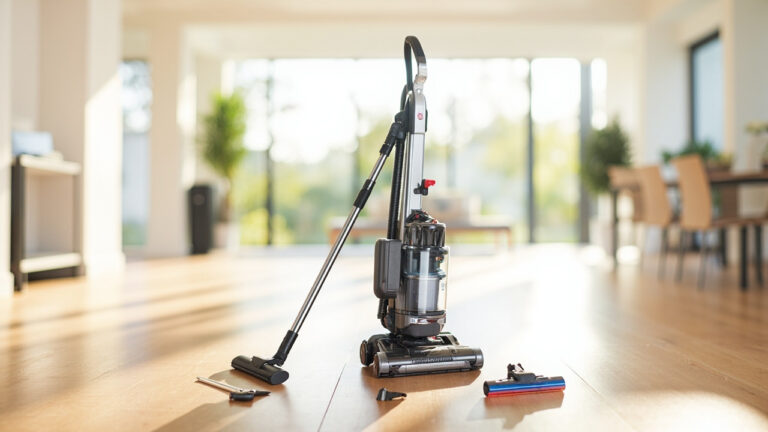 Shark Navigator upright vacuum cleaner with dust bin open and cleaning attachments arranged nearby on hardwood floor