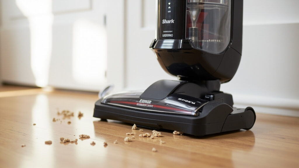 Shark vacuum upright cleaner with LED display panel showing error code on hardwood floor