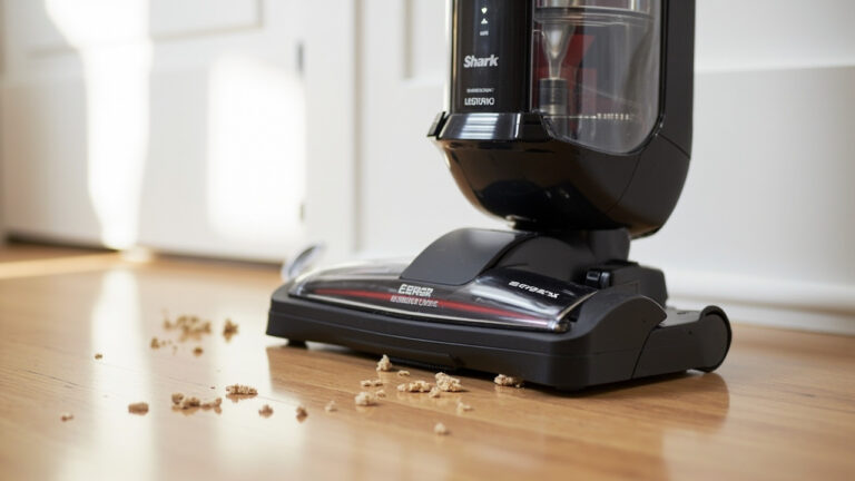 Shark vacuum upright cleaner with LED display panel showing error code on hardwood floor