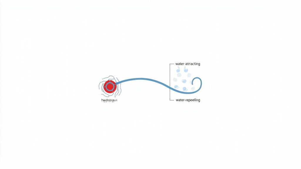 "Diagram of surfactant molecule structure showing hydrophilic head and hydrophobic tail with water and oil interaction"