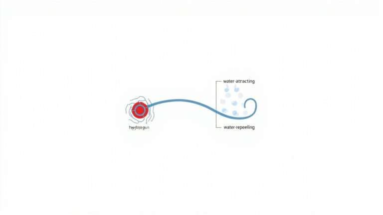 "Diagram of surfactant molecule structure showing hydrophilic head and hydrophobic tail with water and oil interaction"