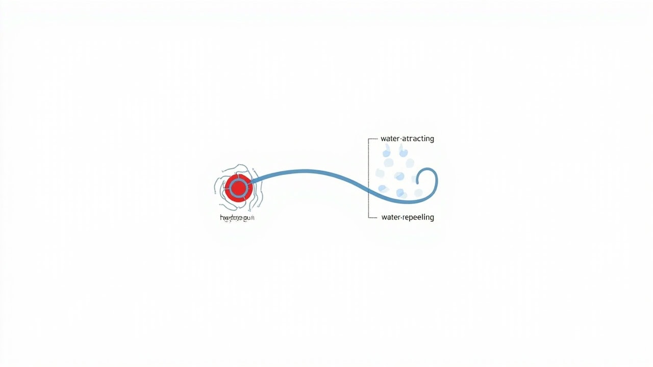 "Diagram of surfactant molecule structure showing hydrophilic head and hydrophobic tail with water and oil interaction"