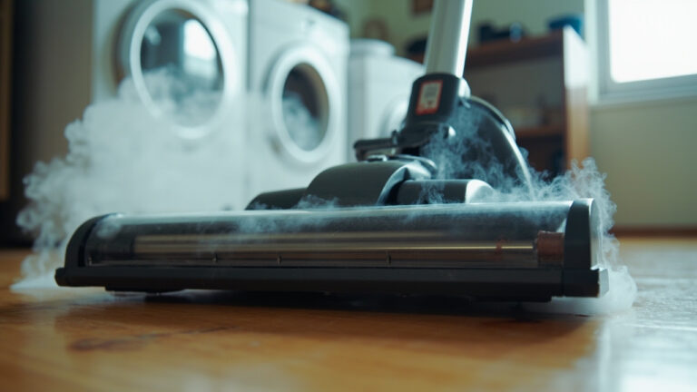 "Vacuum cleaner emitting smoke from brush roll area during diagnostic inspection"