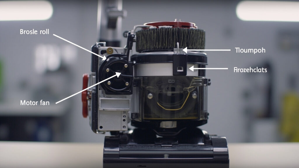 "Labeled vacuum cleaner internal components showing brush roll, motor, and belt for loud noise diagnosis"