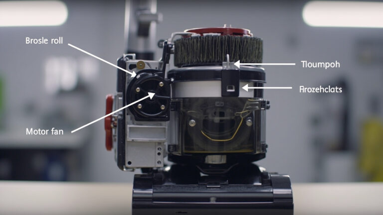 "Labeled vacuum cleaner internal components showing brush roll, motor, and belt for loud noise diagnosis"
