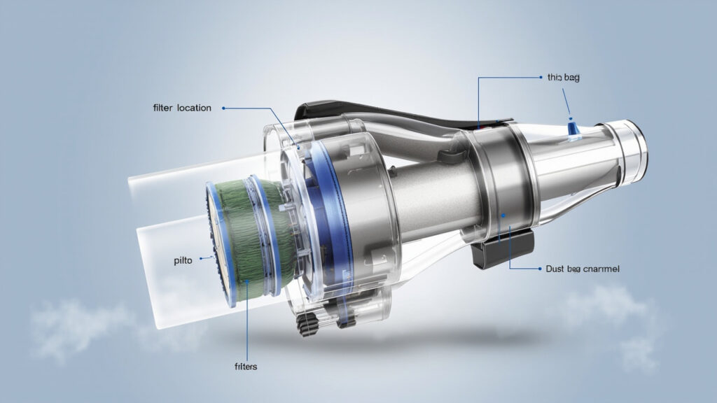 "Vacuum cleaner cross-section showing filter, dust bag, and brush roll internal components"