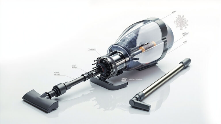 "Exploded view diagram of vacuum cleaner internal components including motor, HEPA filter, dust bag, and brush roll for troubleshooting reference"