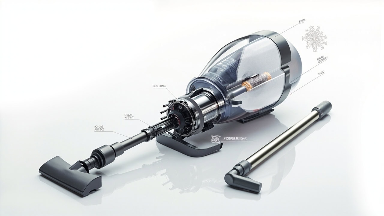"Exploded view diagram of vacuum cleaner internal components including motor, HEPA filter, dust bag, and brush roll for troubleshooting reference"