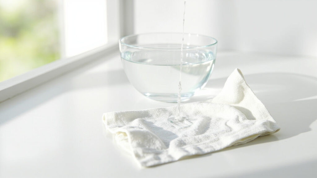 White vinegar cleaning hard water deposits on a kitchen surface with dissolving mineral residue