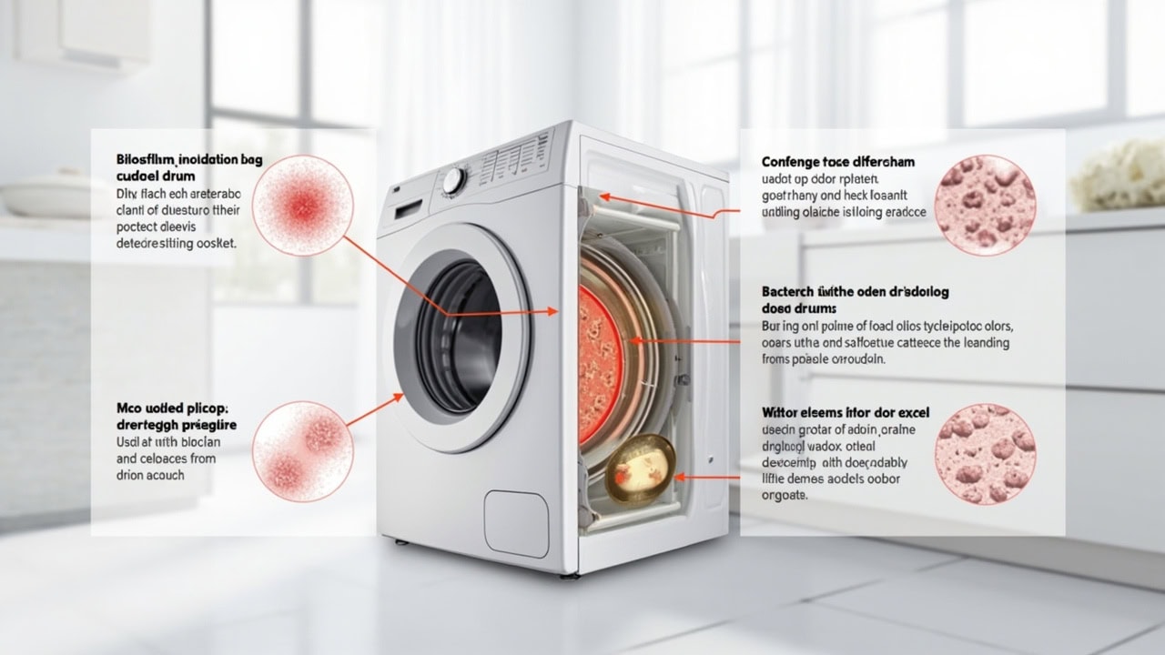 "Washing machine drum cross-section showing bacterial biofilm buildup causing clothes odor after washing"