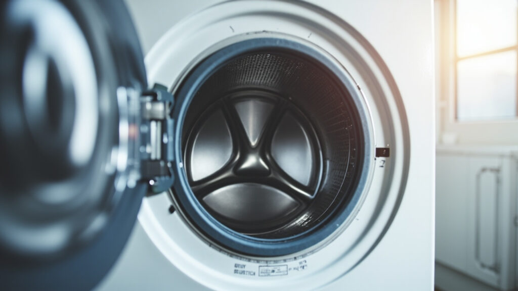 "Open front-loading washing machine drum showing clean stainless steel interior with visible rubber door gasket"