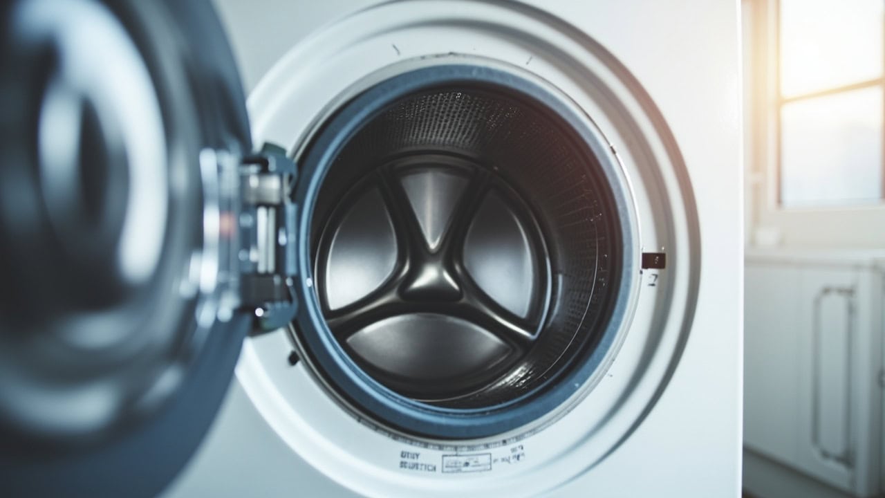 "Open front-loading washing machine drum showing clean stainless steel interior with visible rubber door gasket"