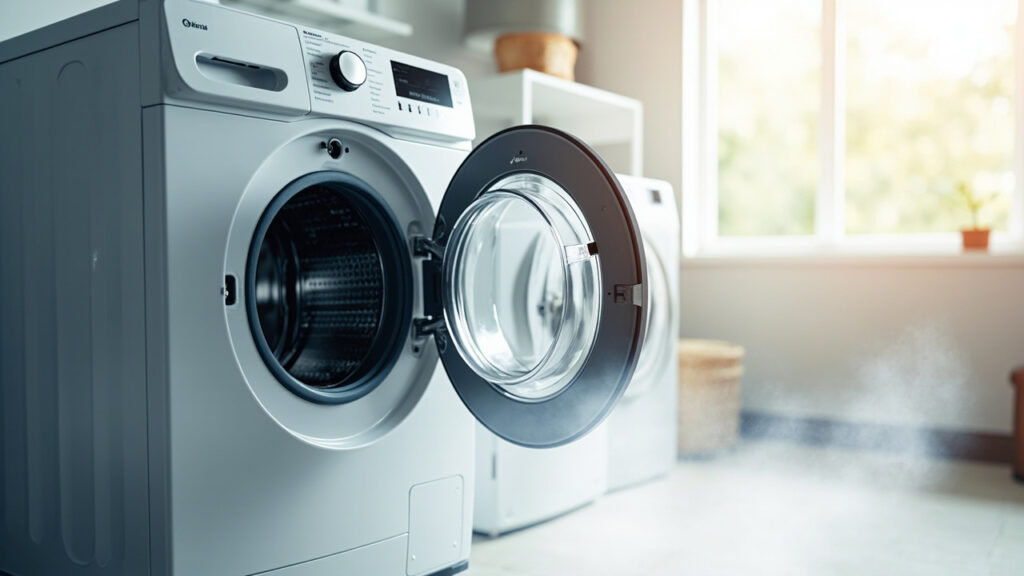 "Open front-loading washing machine door showing clean internal drum and rubber gasket"