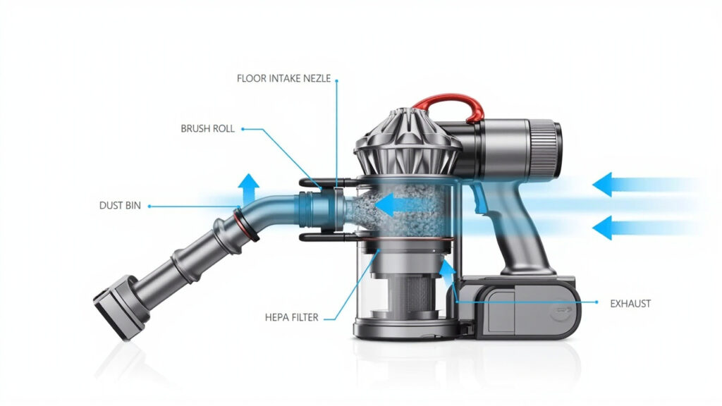 "Diagram of vacuum cleaner airflow path showing where suction loss occurs at filters, dust bin, and hose"