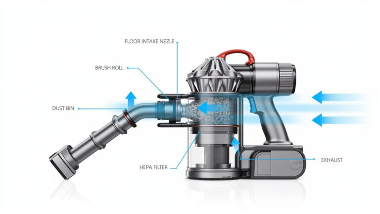 "Diagram of vacuum cleaner airflow path showing where suction loss occurs at filters, dust bin, and hose"