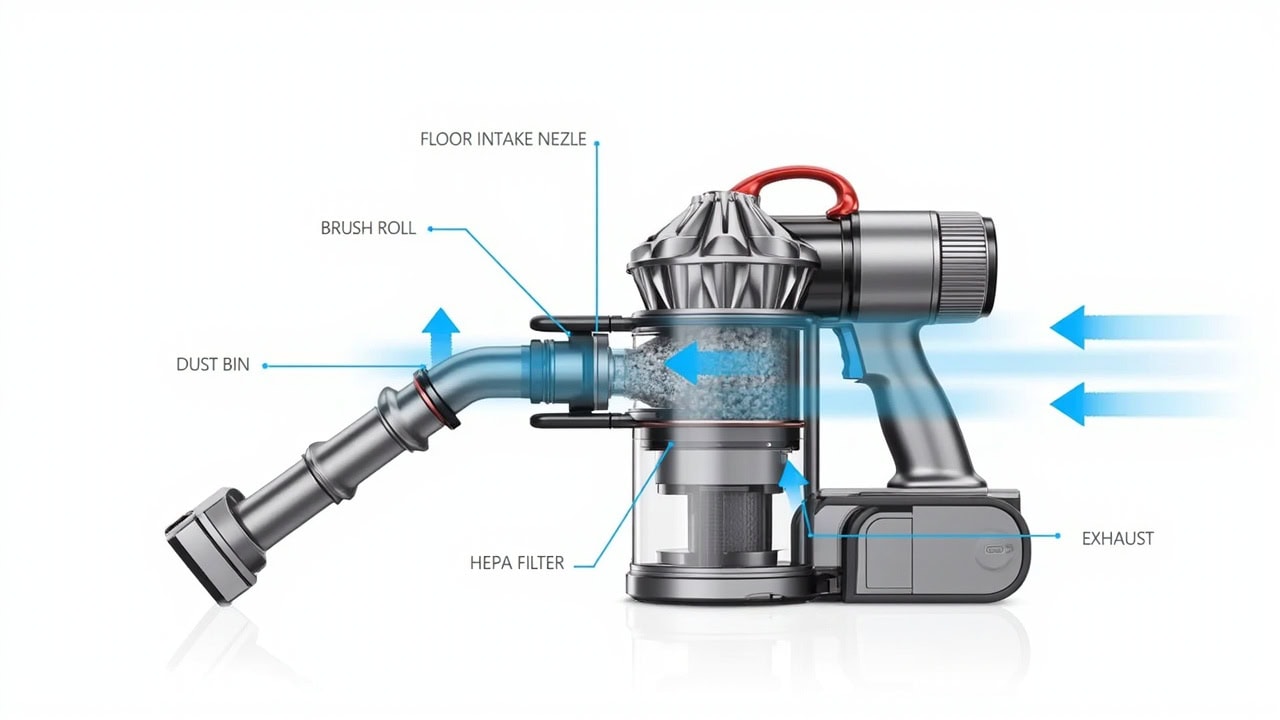 "Diagram of vacuum cleaner airflow path showing where suction loss occurs at filters, dust bin, and hose"